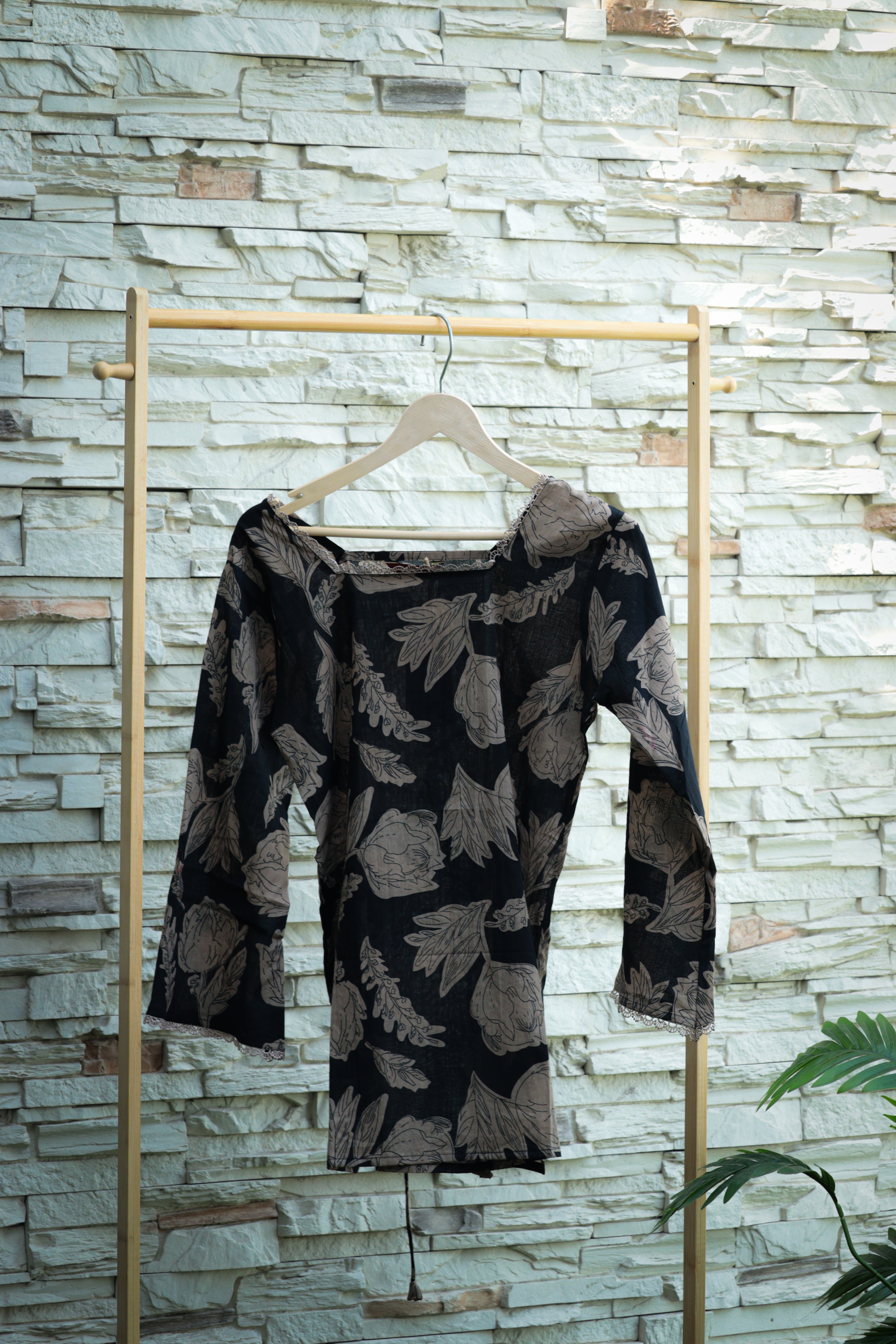 Botanical Lace-Trimmed Bell Sleeve Top