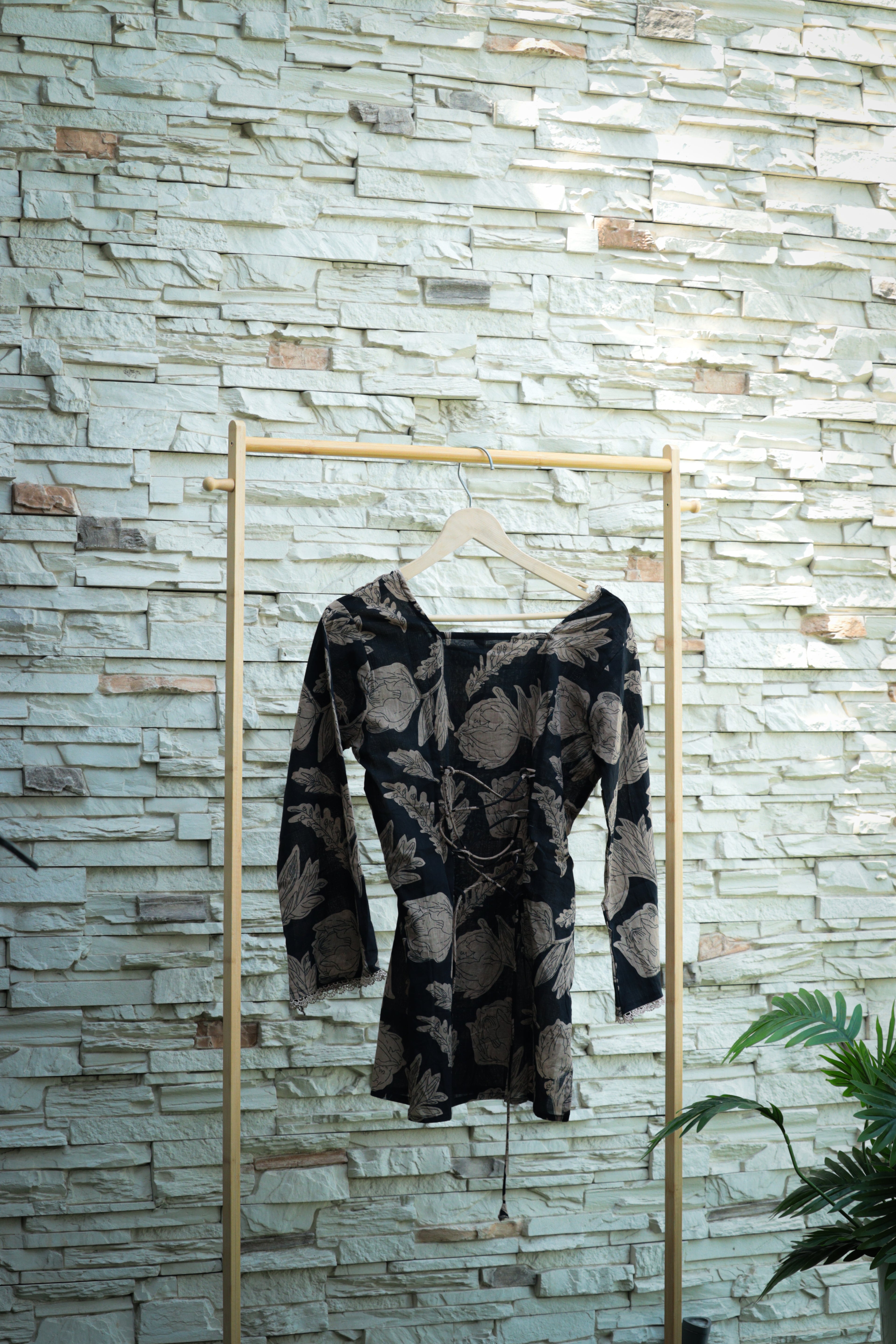 Botanical Lace-Trimmed Bell Sleeve Top
