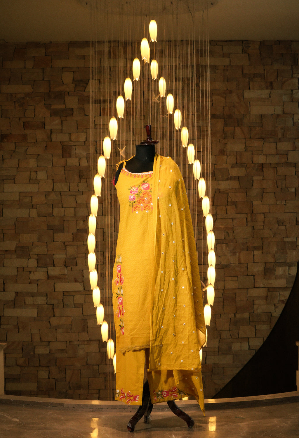 Embroidered Strappy Suit Set with Mirror-Work Dupatta