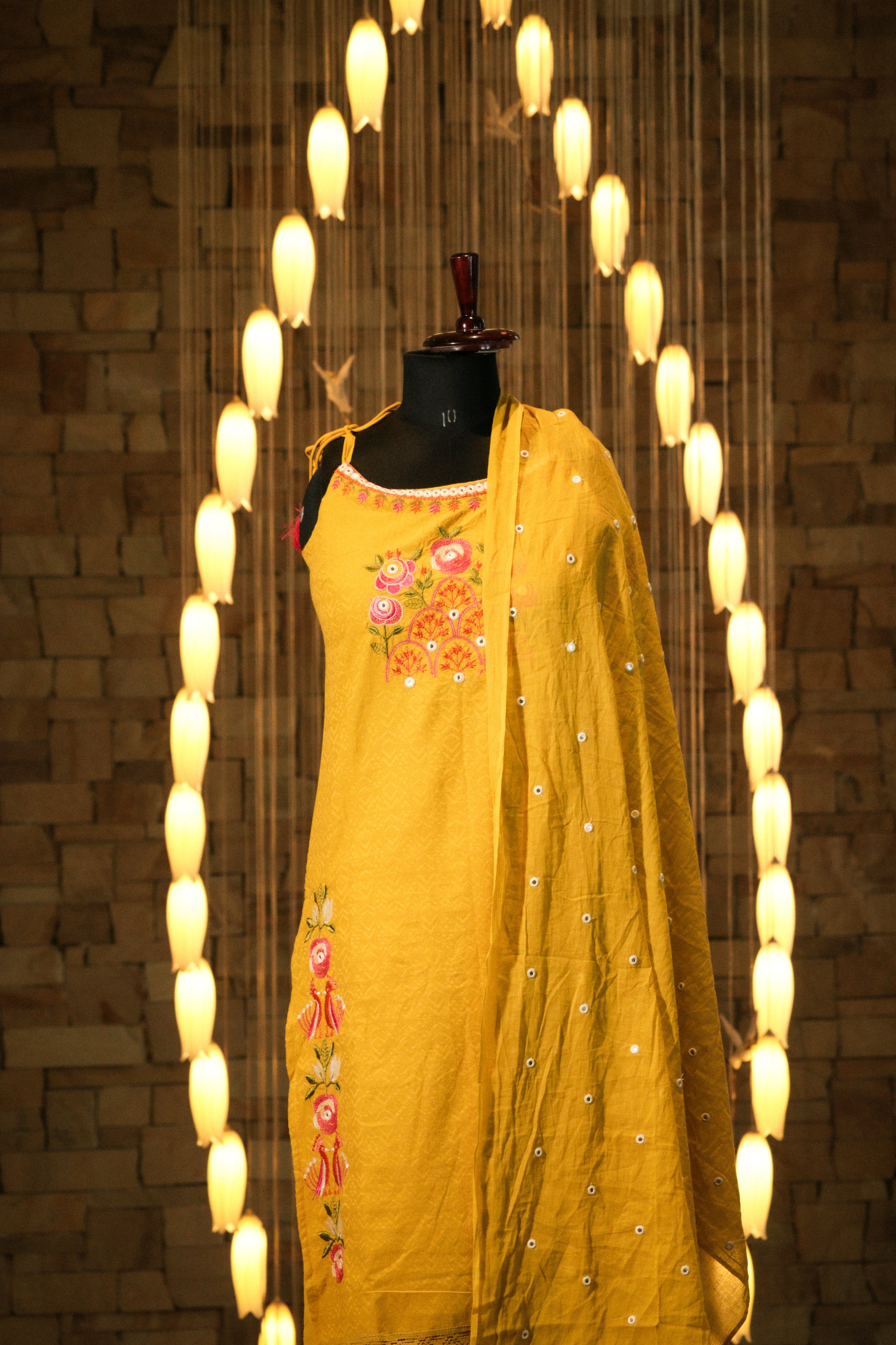 Embroidered Strappy Suit Set with Mirror-Work Dupatta
