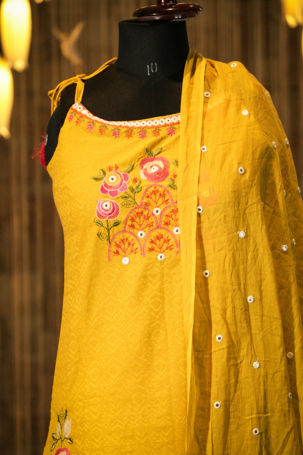 Embroidered Strappy Suit Set with Mirror-Work Dupatta