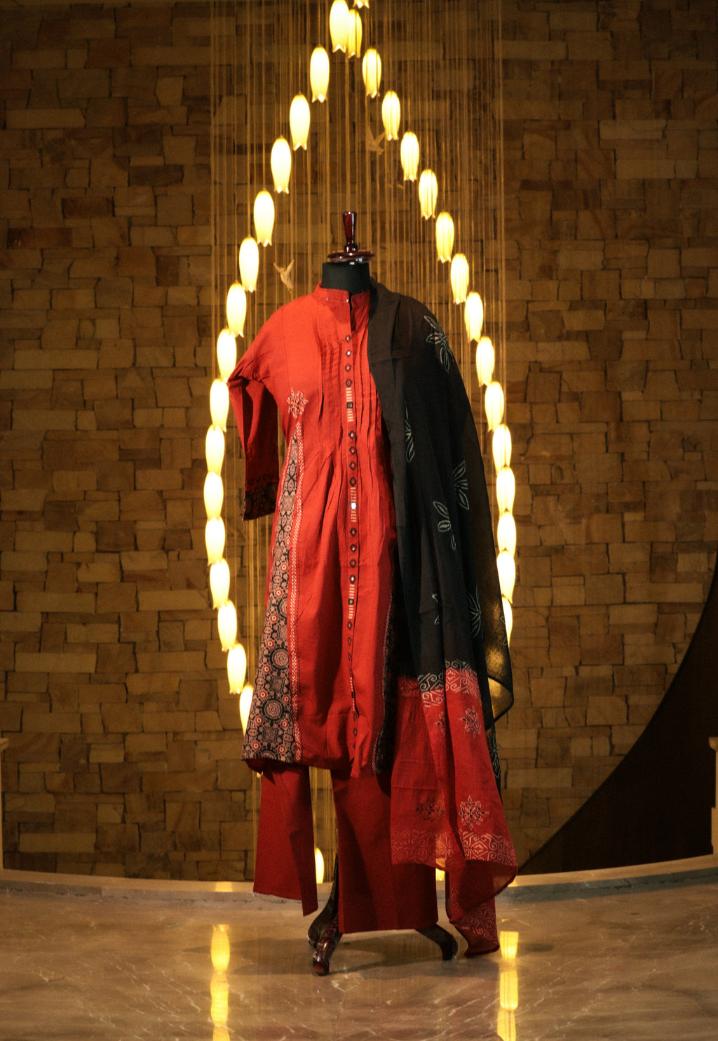 Pleated Pintuck Tunic Set with Bordered Dupatta