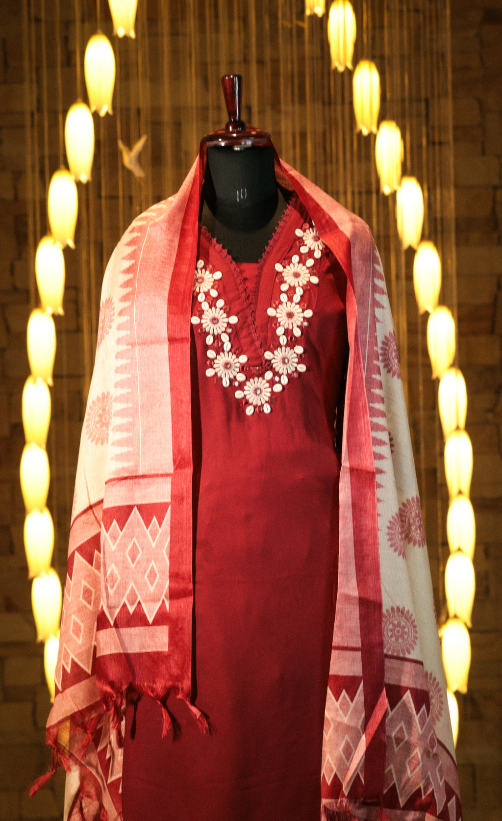 Embroidered Suit Set with Geometric Dupatta