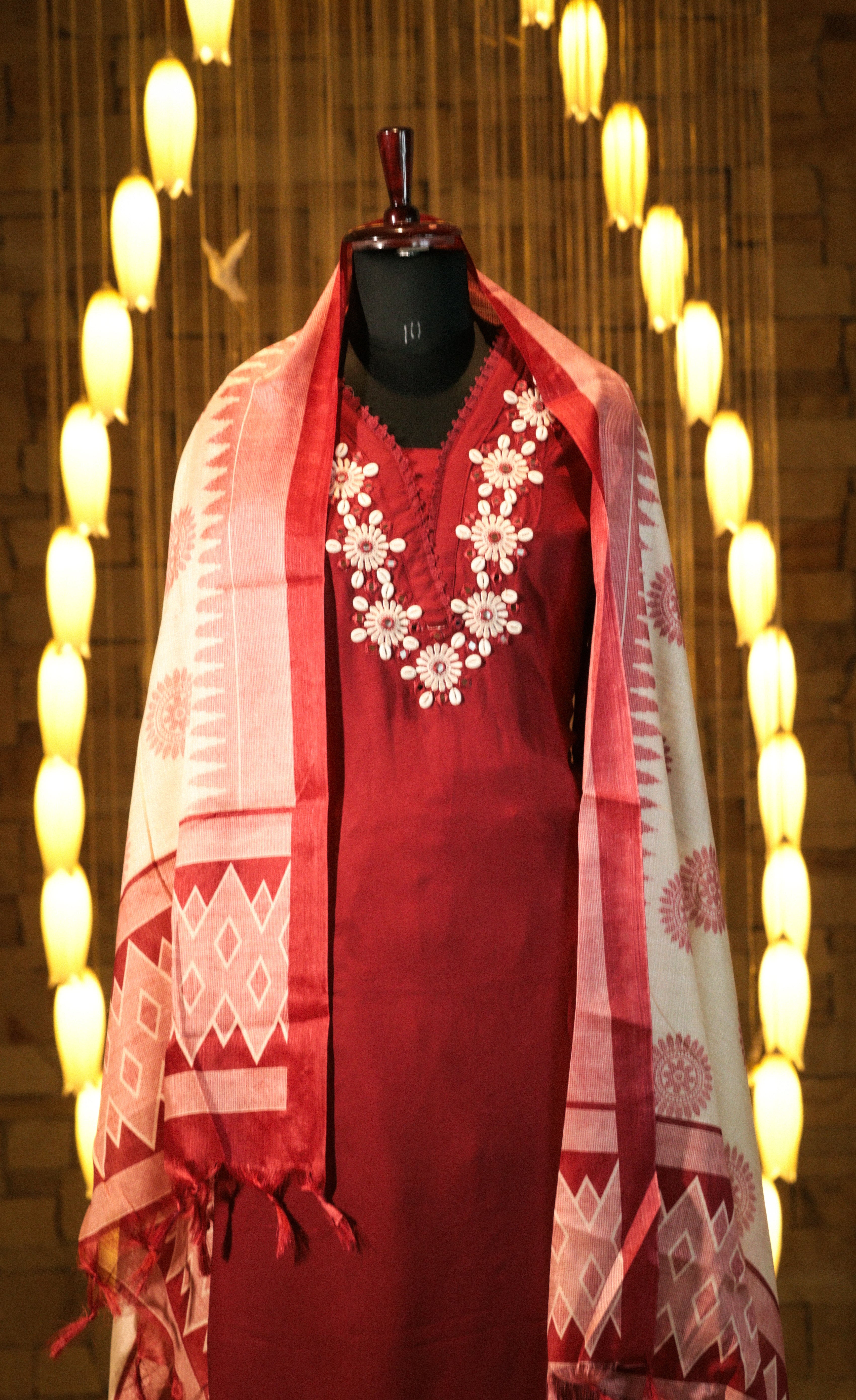 Embroidered Suit Set with Geometric Dupatta