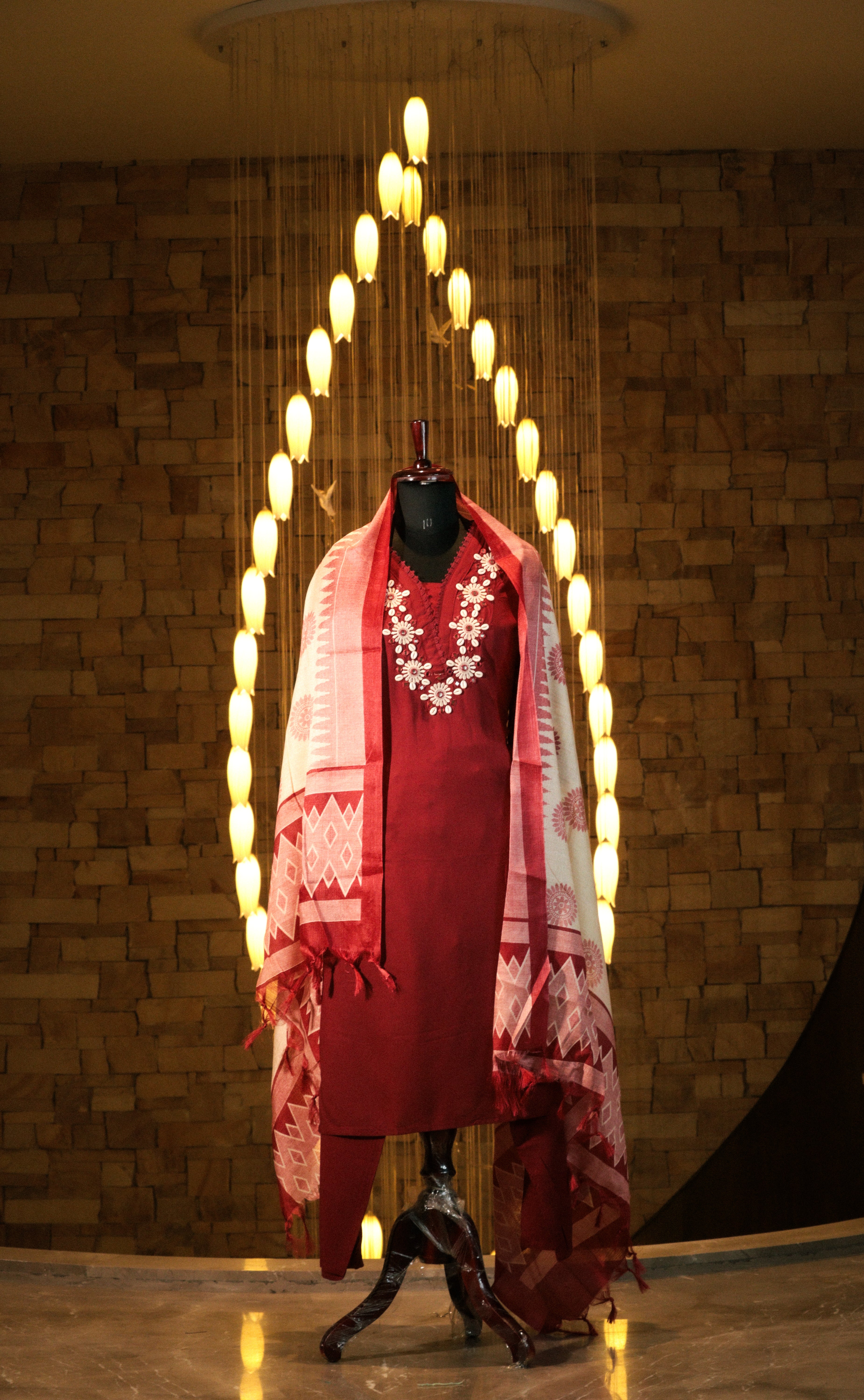 Embroidered Suit Set with Geometric Dupatta