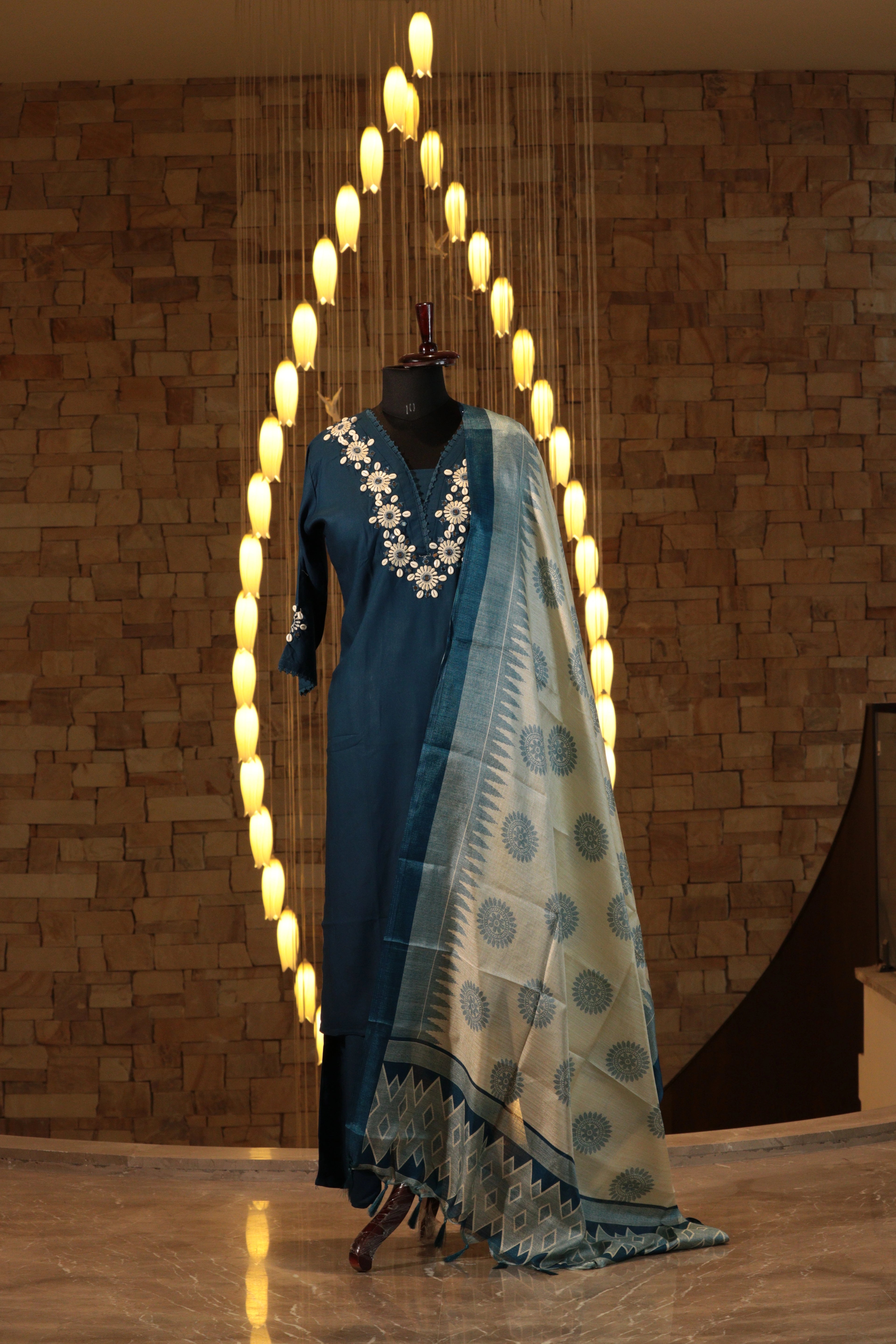 Embroidered Suit Set with Geometric Dupatta