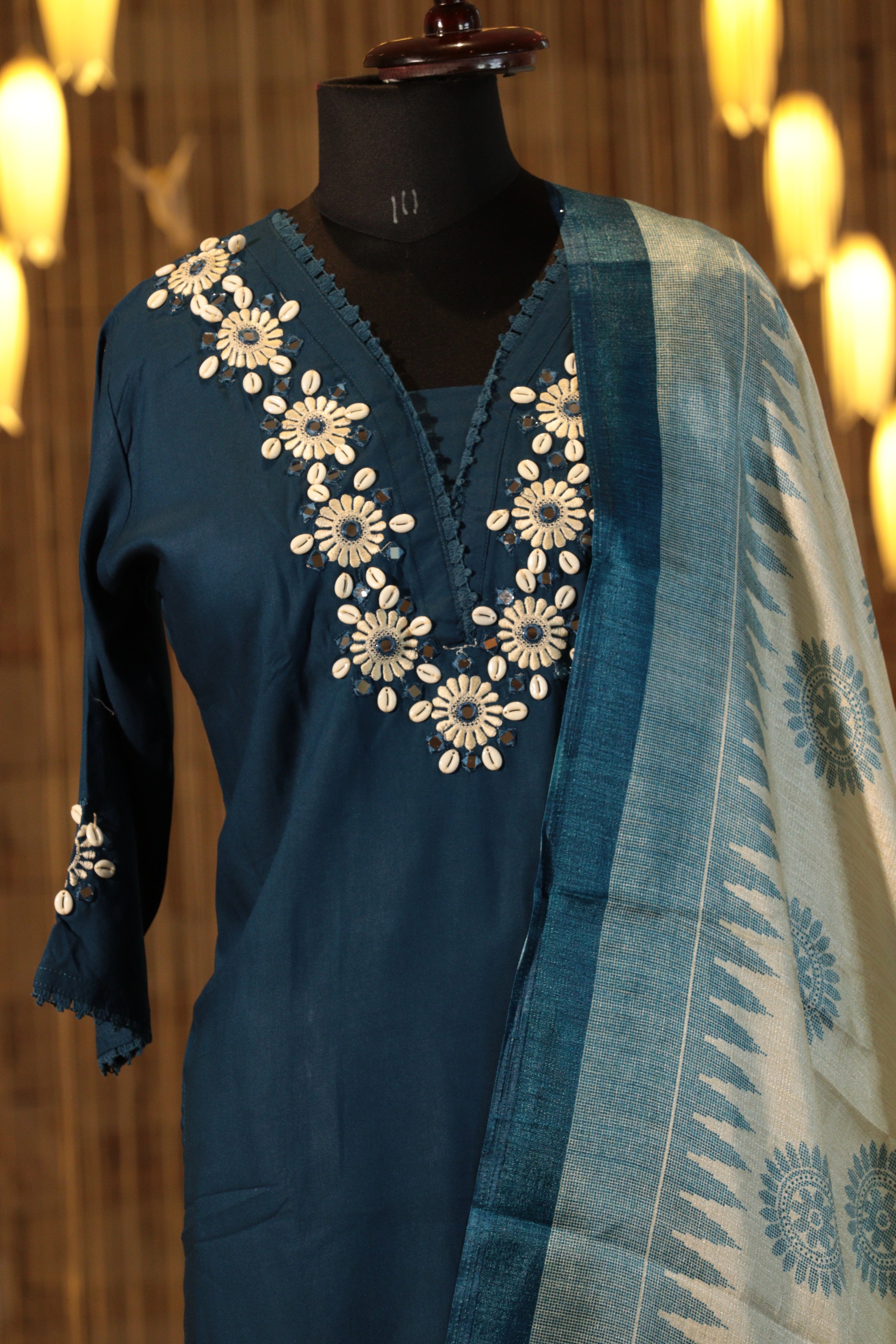 Embroidered Suit Set with Geometric Dupatta