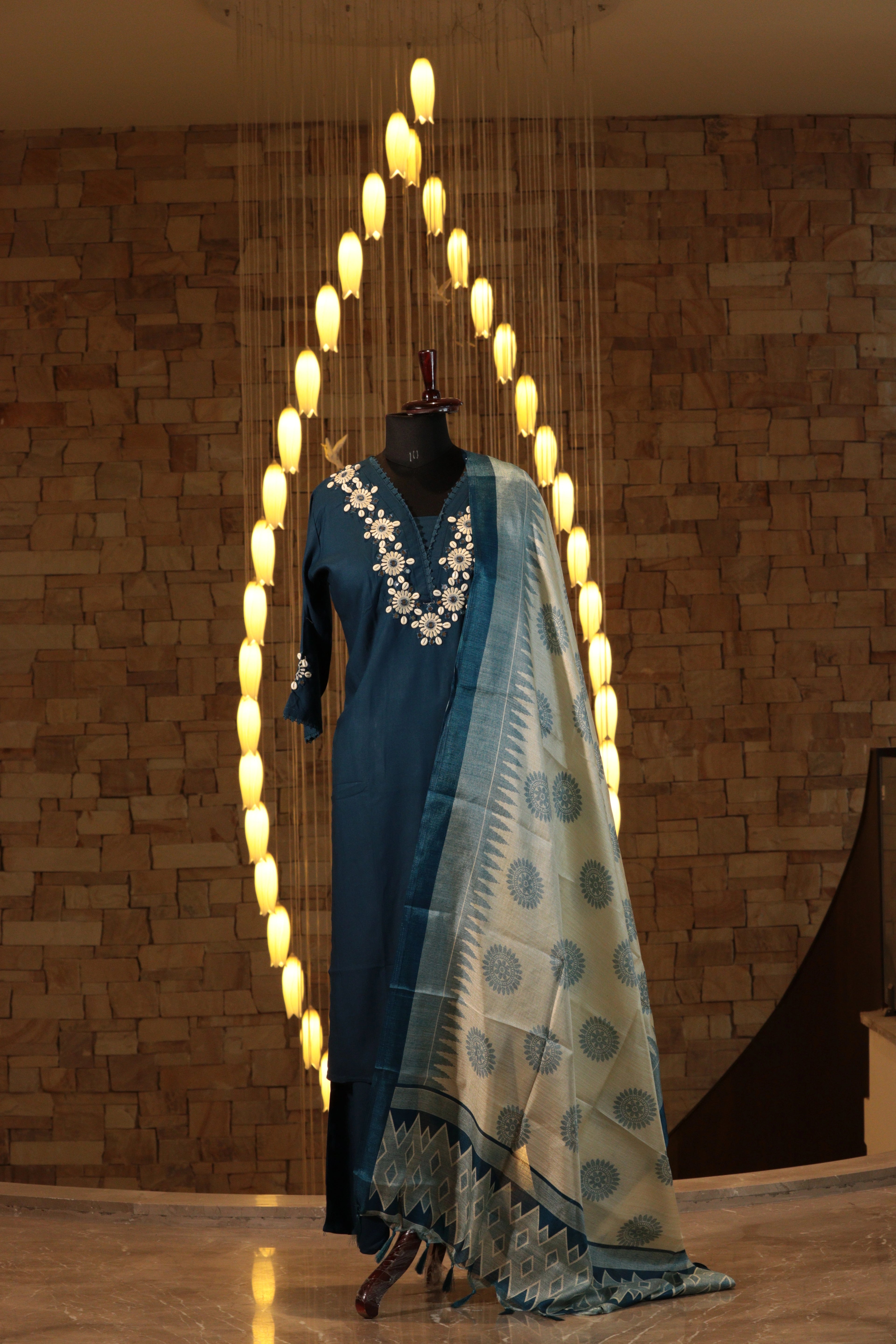 Embroidered Suit Set with Geometric Dupatta